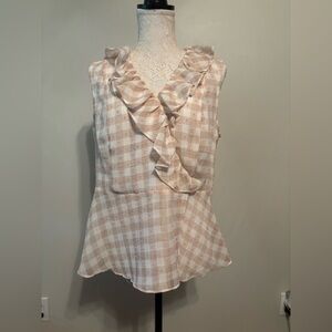 Ruffled V-Neck Gingham Blouse in Beige & White
